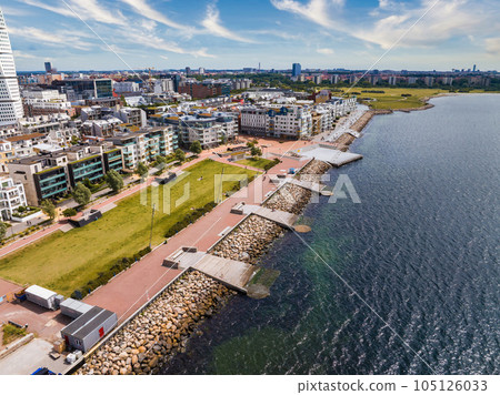 Beautiful aerial view of the Vastra Hamnen- The Western Harbour -district in Malmo, Sweden. Panoramic aerialview. 105126033
