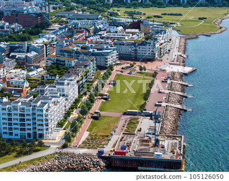 Beautiful aerial view of the Vastra Hamnen- The Western Harbour -district in Malmo, Sweden. Panoramic aerialview. 105126050