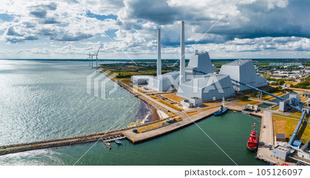 Aerial view of the Power station. One of the most beautiful and eco friendly power plants in the world. ESG green energy in Copenhagen, Denmark. 105126097