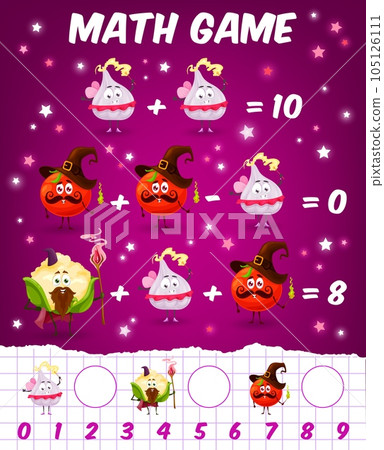Math game worksheet cartoon tomato, garlic and cauliflower wizards. Vector mathematics riddle for children count how many fantasy vegetable characters educational and learning arithmetic puzzle task Math game worksheet cartoon tomato, garlic and cauliflower wizards. Vector mathematics riddle for children count how many fantasy vegetable characters educational and learning arithmetic puzzle task 105126111