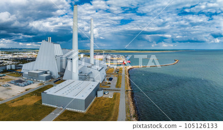 Aerial view of the Power station. One of the most beautiful and eco friendly power plants in the world. ESG green energy in Copenhagen, Denmark. Aerial view of the Power station. One of the most beautiful and eco friendly power plants in the world. ESG green energy in Copenhagen, Denmark. 105126133