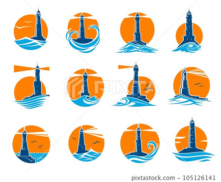 Lighthouse and beacon vector icons. Sea light house tower silhouettes with ocean coastal waves, marine shore rocks, seagulls and searchlight beams on sunset background, nautical navigation buildings 105126141