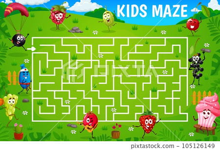 Labyrinth maze. Cartoon cheerful berry characters on summer meadow. Kids quiz, find way labyrinth puzzle vector worksheet with grape, cowberry and rosehip, currant, elderberry, cherry cute personages 105126149