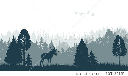 Silhouette of morning forest with moose and ducks flock. Canada or Alaska nature landscape, european forest wildlife or woodland vector background with moose male, trees and flying birds silhouettes Silhouette of morning forest with moose and ducks flock. Canada or Alaska nature landscape, european forest wildlife or woodland vector background with moose male, trees and flying birds silhouettes 105126161