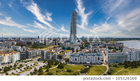 Beautiful aerial view of the Vastra Hamnen- The Western Harbour -district in Malmo, Sweden. Panoramic aerialview. 105126169