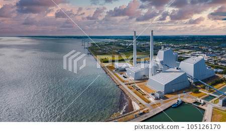 Aerial view of the Power station. One of the most beautiful and eco friendly power plants in the world. ESG green energy in Copenhagen, Denmark. Aerial view of the Power station. One of the most beautiful and eco friendly power plants in the world. ESG green energy in Copenhagen, Denmark. 105126170