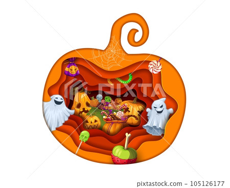 Halloween paper cut pumpkin with double exposition. Vector background with holiday sweets, jack lanterns and cartoon ghosts. 3d effect papercut frame with trick or treat candy desserts and lollipops Halloween paper cut pumpkin with double exposition. Vector background with holiday sweets, jack lanterns and cartoon ghosts. 3d effect papercut frame with trick or treat candy desserts and lollipops 105126177