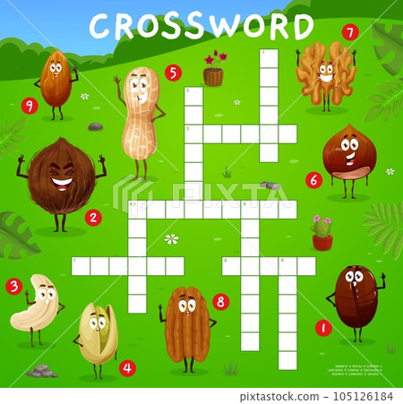 Crossword quiz game grid cartoon nut characters. Vector find a word worksheet vocabulary test with coconut, coffee, cashew and pistachio. Peanut, hazelnut, walnut or pecan and almond personages 105126184