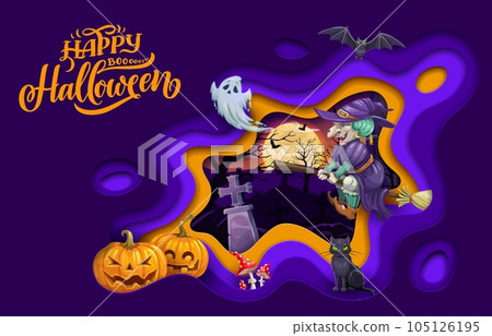 Halloween paper cut cartoon witch, ghost and pumpkins. Vector holiday papercut double exposition design with 3d effect frame, old hag flying on broom, black cat, amanita and bat at night cemetery 105126195