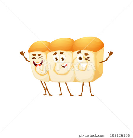 Cartoon Japanese shokupan bread characters, vector bakery and pastry funny food. Shokupan or milk bread loaf from Japan cuisine, pastry bun rolls as emoji or comic food emoticon 105126196