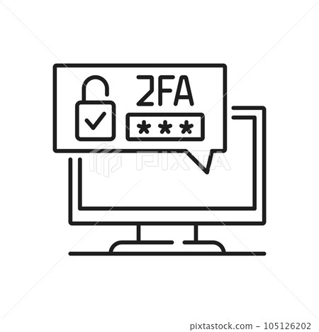 Two factor authentication icon, 2FA multi step secure verification, vector password and computer pictogram. 3FA two factor verification line icon with login password lock for access authentication 105126202