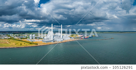 Aerial view of the Power station. One of the most beautiful and eco friendly power plants in the world. ESG green energy in Copenhagen, Denmark. Aerial view of the Power station. One of the most beautiful and eco friendly power plants in the world. ESG green energy in Copenhagen, Denmark. 105126291