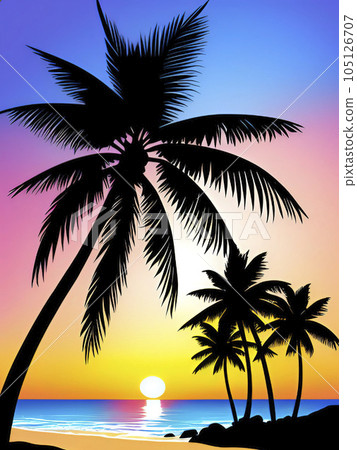 Beautiful sunset on the beach with palm trees. Vector illustration.Tropical beach with palm trees and sunset. Beautiful sunset on the beach with palm trees. Vector illustration.Tropical beach with palm trees and sunset. 105126707