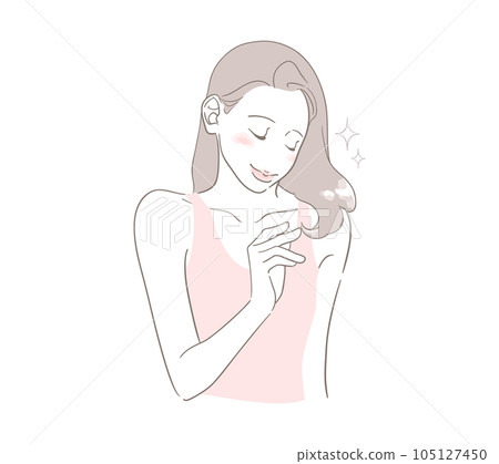 A woman with a happy smile looking at her shiny hair and hair ends (with clothes) 105127450