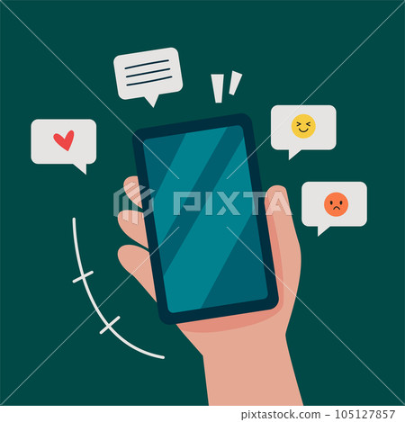 Social media addiction concept. Emotional message. Phone notifications. Hand holding the cellphone for illustration 105127857