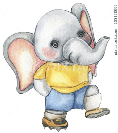 Elephant football player watercolor illustration. Design for baby shower party, birthday, cake, holiday celebration design , post cards. Elephant football player watercolor illustration. Design for baby shower party, birthday, cake, holiday celebration design , post cards. 105128092