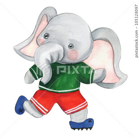 Elephant football player watercolor illustration. Design for baby shower party, birthday, cake, holiday celebration design , post cards. 105128097