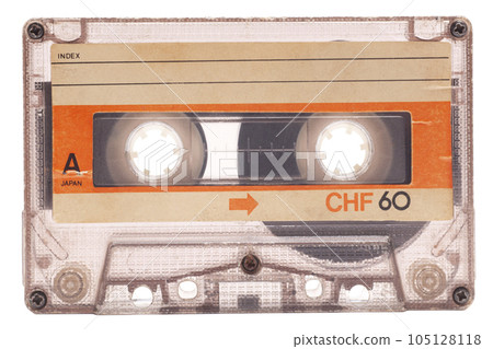Close up of retro audio cassette tape,side A, isolated on white background, vintage 80's music concept. Close up of retro audio cassette tape,side A, isolated on white background, vintage 80's music concept. 105128118