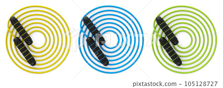 Set of skipping ropes or jumping ropes isolated on white background. Set of skipping ropes or jumping ropes isolated on white background. 105128727