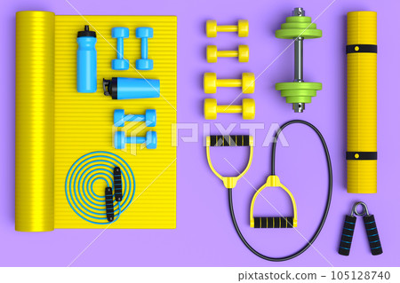 Isometric view of sport equipment like kettlebell, fitness ball and yoga mat Isometric view of sport equipment like kettlebell, fitness ball and yoga mat 105128740
