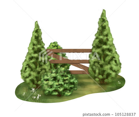 A rural composition in a sunny clearing of green bushes, fence. For packaging design, postcards, textiles, posters, stickers. Digital illustration A rural composition in a sunny clearing of green bushes, fence. For packaging design, postcards, textiles, posters, stickers. Digital illustration 105128837