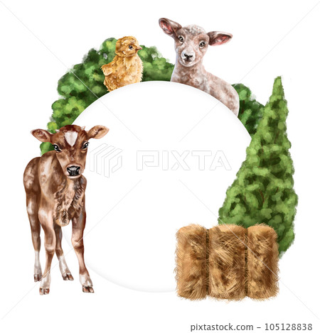Round composition frame of young farm animals: calf, lamb and chicken among bushes and haystacks. For postcards, textiles, booklets, banners, stickers. Digital illustration on a white background Round composition frame of young farm animals: calf, lamb and chicken among bushes and haystacks. For postcards, textiles, booklets, banners, stickers. Digital illustration on a white background 105128838
