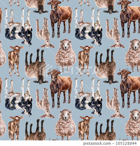 Seamless hand-drawn drawing with farm animals: cows and sheep. Background for textiles, fabrics, banners, wrapping paper and other designs 105128844