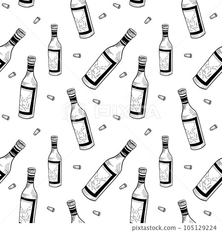 Wine pattern. Hand drawn sketch doodle black wine bottles and corks on white background. Seamless vector background 105129224