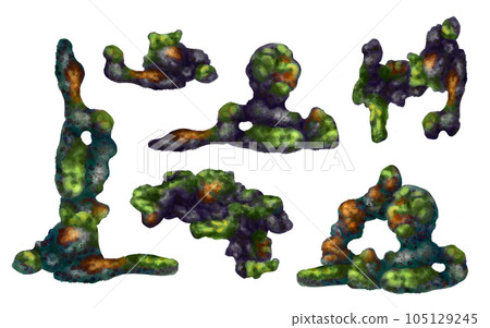 A set of underwater rocks with green algae and orange coral. Digital illustration on a white background. For compositions, prints, stickers, posters 105129245