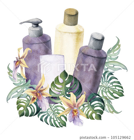 Hand drawn watercolor spa skincare bath beauty products package flowers. Horizontal composition Isolated on white background. Design for wall art, wellness resort, print, fabric, cover, card, booklet. 105129662