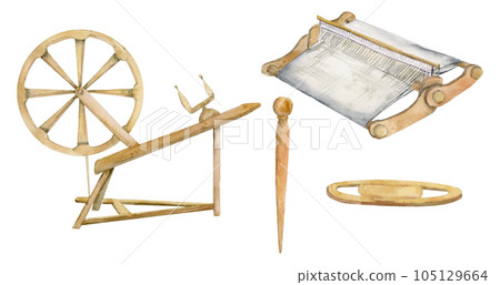Hand drawn watercolor thread weaving loom, spinning wheel equipment for hobby, handmade fabric. Illustration isolated object set on white background. For shop logo, print, business card, booklet Hand drawn watercolor thread weaving loom, spinning wheel equipment for hobby, handmade fabric. Illustration isolated object set on white background. For shop logo, print, business card, booklet 105129664