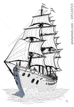 Ship coloring book clean line on white background,generative ai 105129723