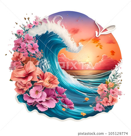 a sticker of sea waves splashes with flower around,generative ai 105129774