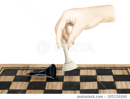 Chess player hand making move with white queen to checkmate black king watercolor illustration isolated on white background for board game designs 105130260