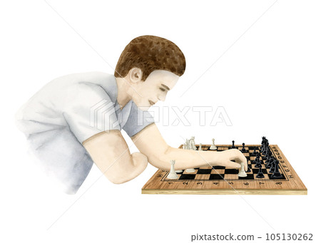 Chess player making move with white pawn illustration isolated on white background. Hand drawn man playing board game template 105130262
