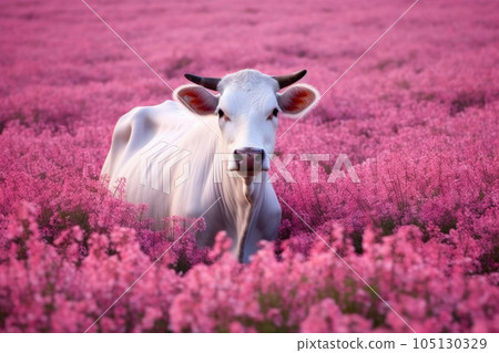 A White Cow in Pink Floral Bliss. Generative AI 105130329