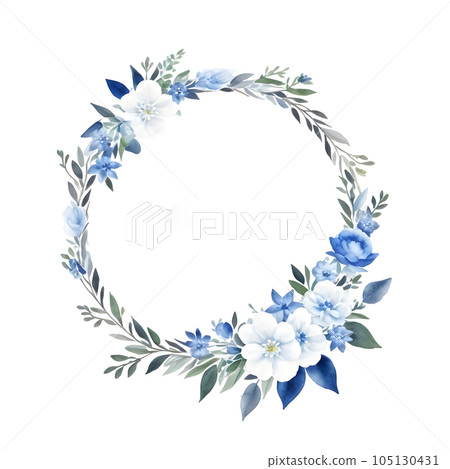 Watercolor wreath of blue flower and leaves,generative ai 105130431