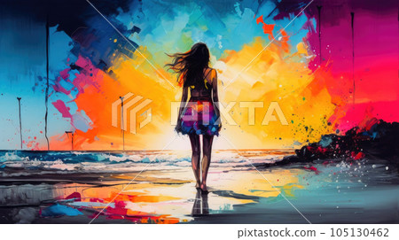 Tranquil Beach Escape: Model Journeying Towards the Sun. Generative AI 105130462