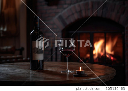Cozy Ambiance: Red Wine by the Fireplace. Generative AI Cozy Ambiance: Red Wine by the Fireplace. Generative AI 105130463