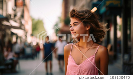 Radiant Model Strutting with Confidence in a Vibrant Pink Sundress. Generative AI 105130470
