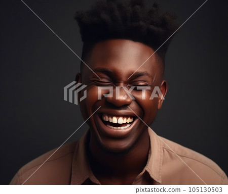 Expression of a handsome young man, laughing heartily at an entertaining internet meme. Generative AI 105130503