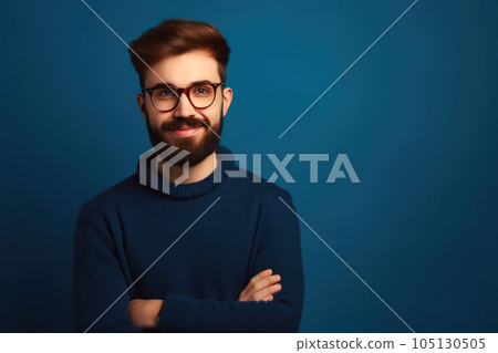 Confident young man with stylish beard and glasses, posing in a casual sweater. Generative AI 105130505