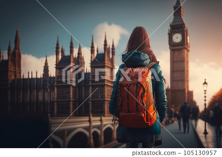 Back view of woman tourist with a backpack is walking near London Big Ben. Generative AI 105130957