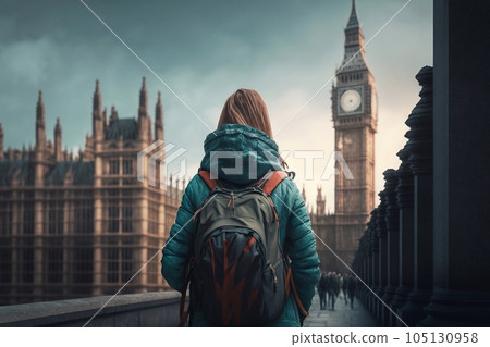 Attractive Caucasian Young Adult Female Explorer As She Is Walking Across The Bridge In front Of The Big Ben. Generative AI 105130958