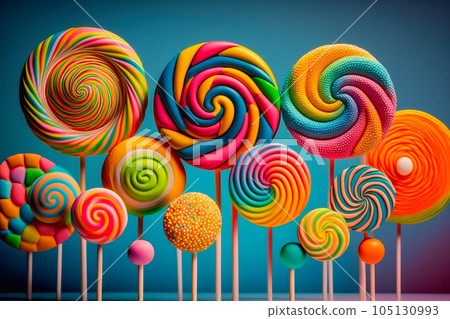 Sweet yummy festive colorful lollipops on light blue background. Generative AI Sweet yummy festive colorful lollipops on light blue background. Generative AI 105130993