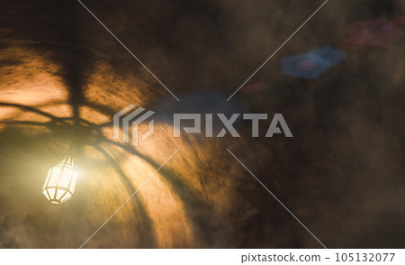 light from the lamp and the shadows in the mysterious corridor in old dungeon 105132077