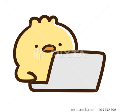 Hand drawn illustration of a cute chick character doing computer work Hand drawn illustration of a cute chick character doing computer work 105132196