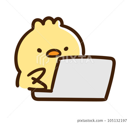 手繪插圖一個可愛的小雞角色拼命敲擊鍵盤 手繪插圖一個可愛的小雞角色拼命敲擊鍵盤 105132197