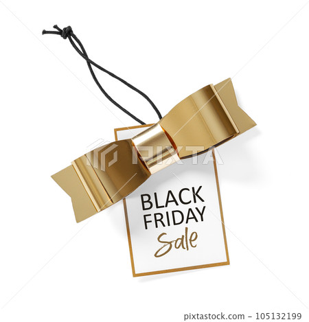 Black friday sale tag with gold bow isolated on white background 105132199