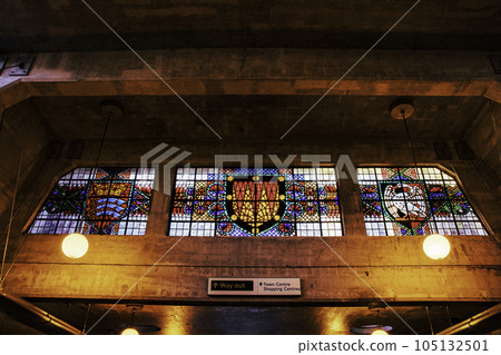 Church seen through stained glass Church seen through stained glass 105132501